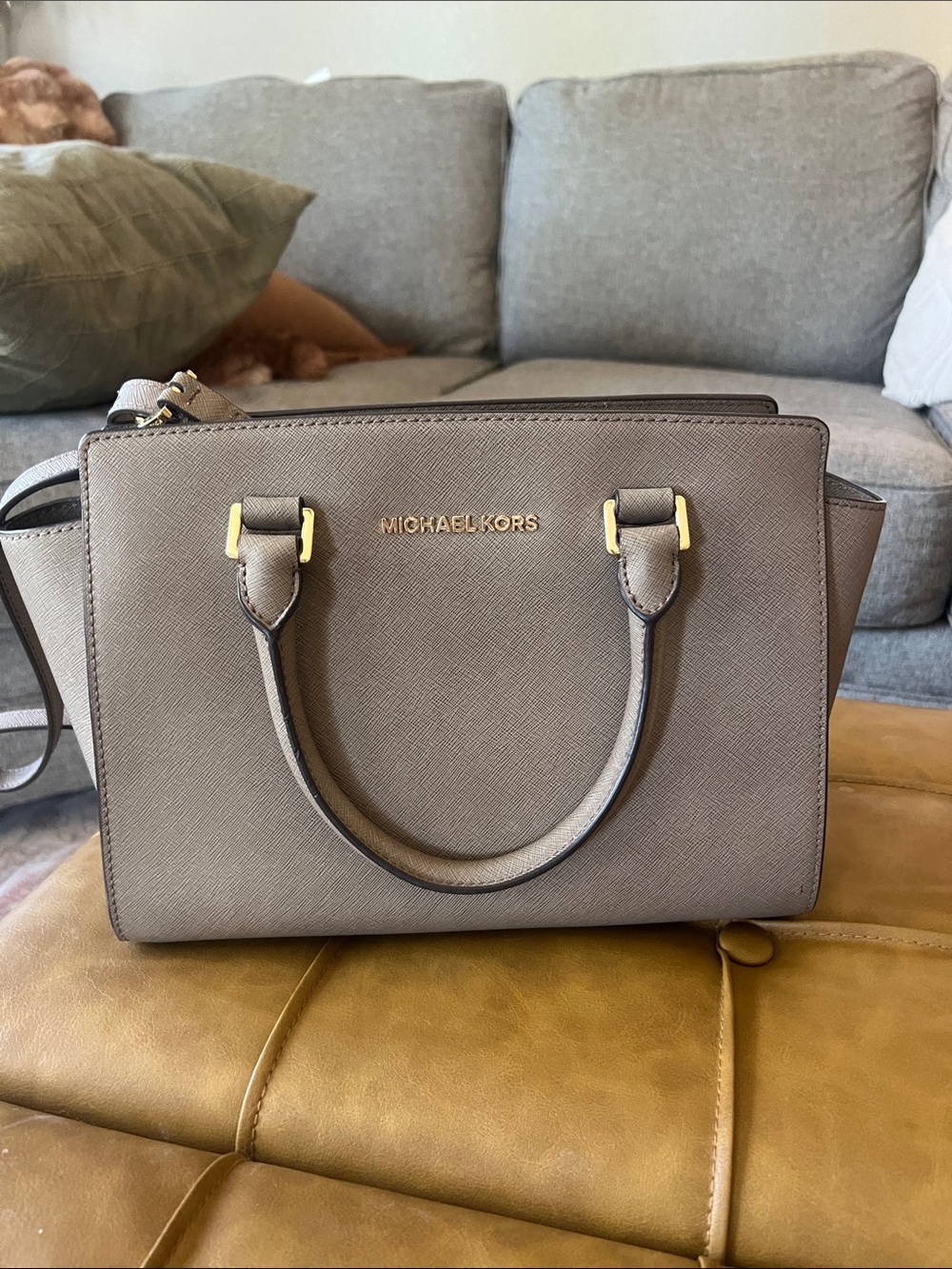 Michael Kors Taupe Saffiano Leather Satchel with Gold Hardware